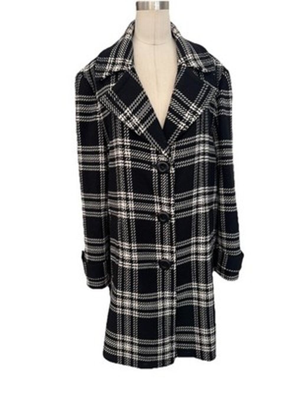 Talbots Plaid Tweed Wool Blend Overcoat Black White Button Front Lined 16